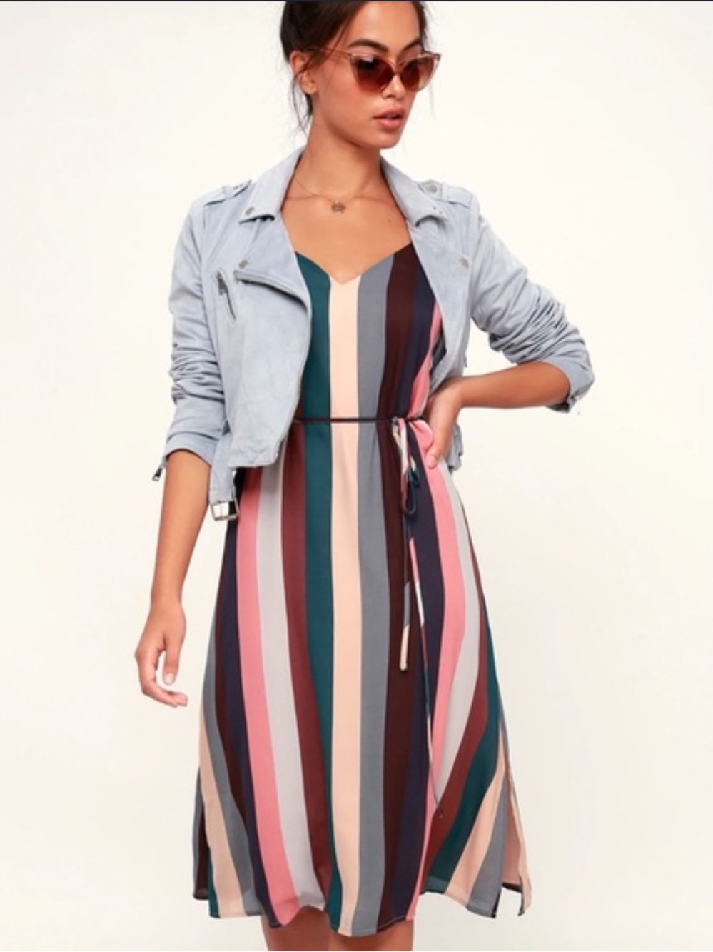 Lulus Erina Multi-Stripe Belted V-Neck Midi Dress in Mauve, Teal & Blush XXS